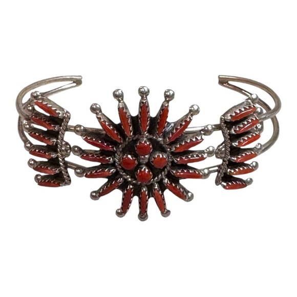 Zuni Gerald Etsate Sterling Silver Coral Zuni Sunburst Needlepoint Cuff Bracelet - Picture 1 of 6